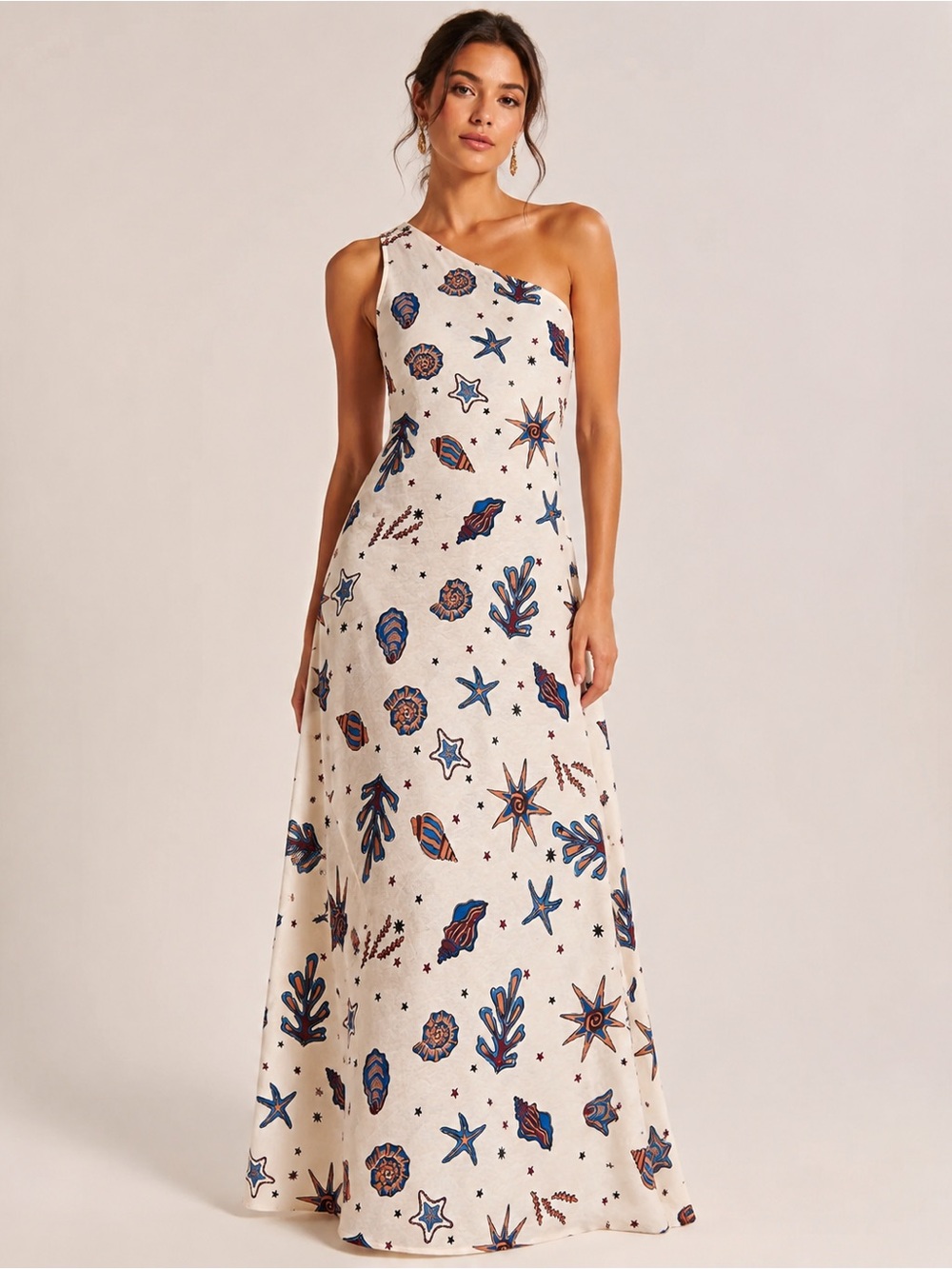 C&C California One-Shoulder Cream Maxi Dress with Navy and Rust Sea Print